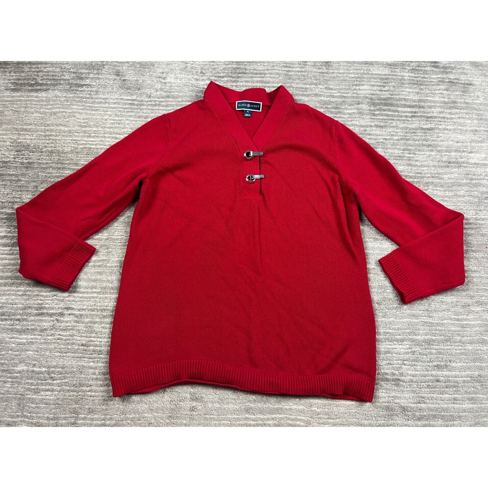 Karen Scott Sweater Womens XL Red V-Neck Toggle Clasp 100% Cotton Knit Pullover